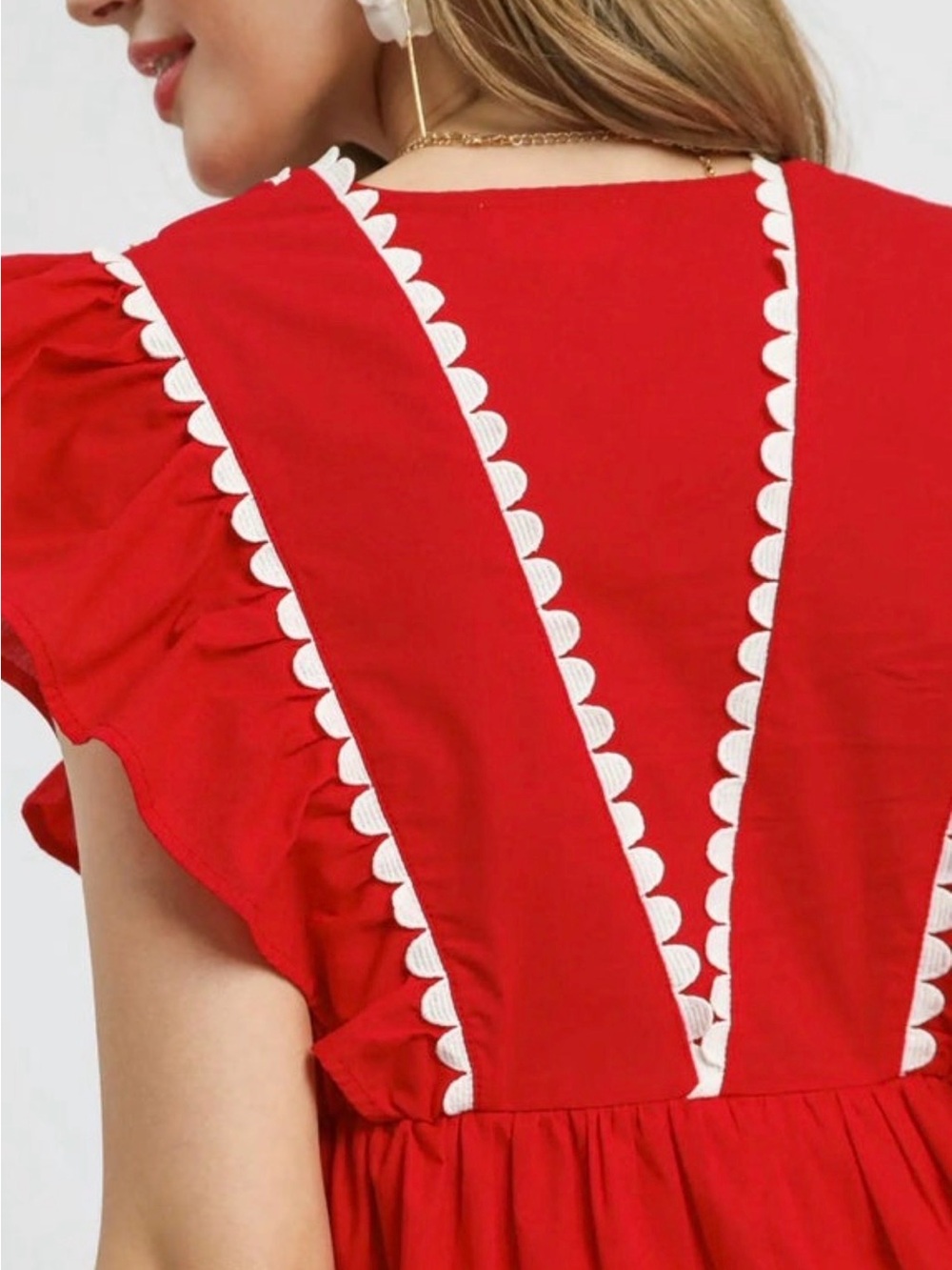 UMGEE Red Ruffled V-Neck Babydoll Dress with White Trim - Picture 4 of 4
